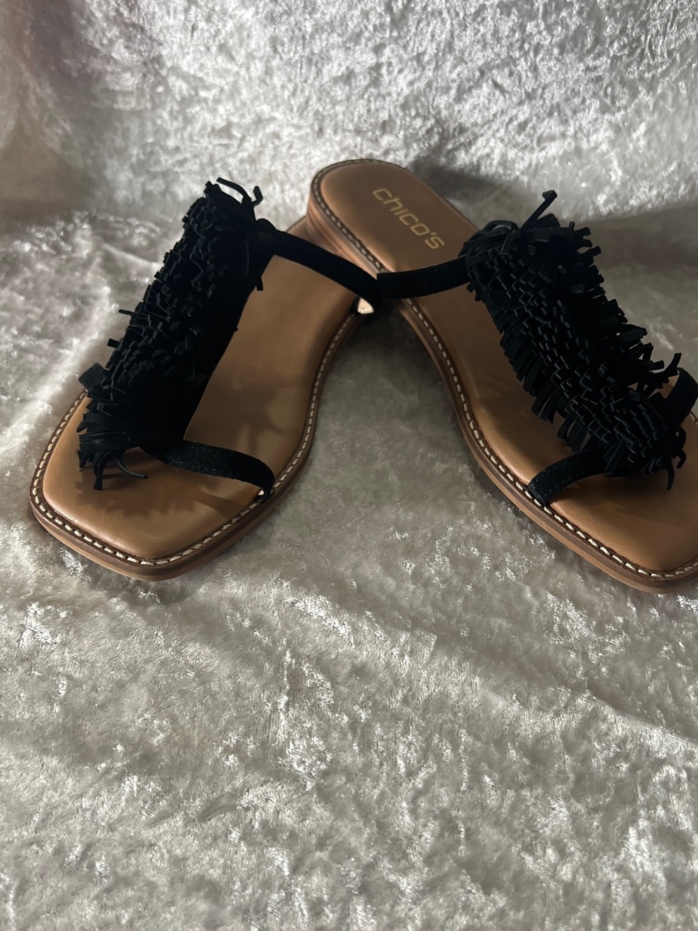 Chico's Black Fringe Toe-Loop Sandals with Tan Footbed
